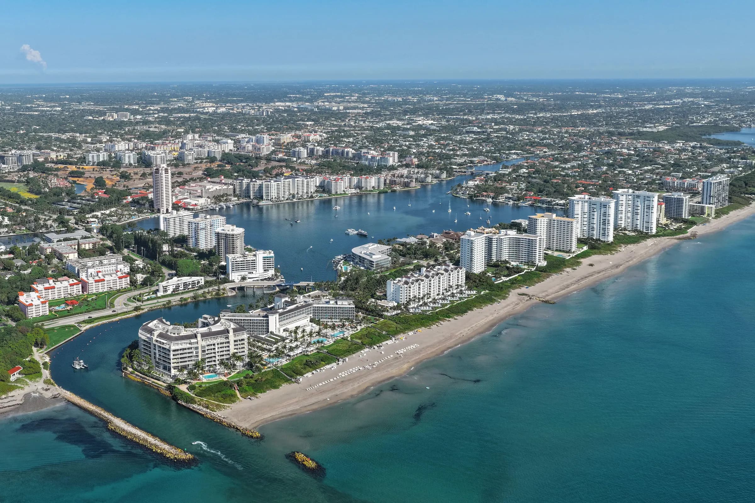 Aerial view of Boca Raton, Florida, with Lake Boca, the inlet and the Atlantic coastline