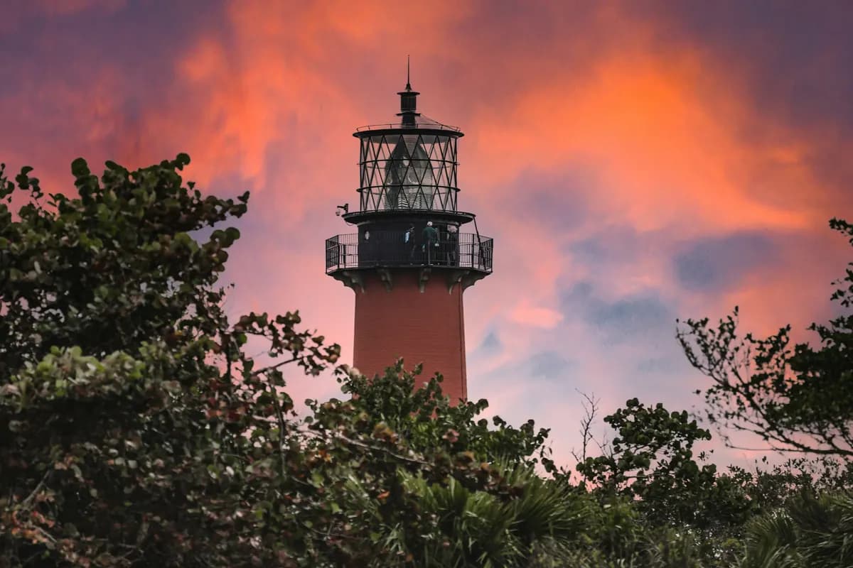 Jupiter Inlet Lighthouse at sunset in Jupiter, Florida