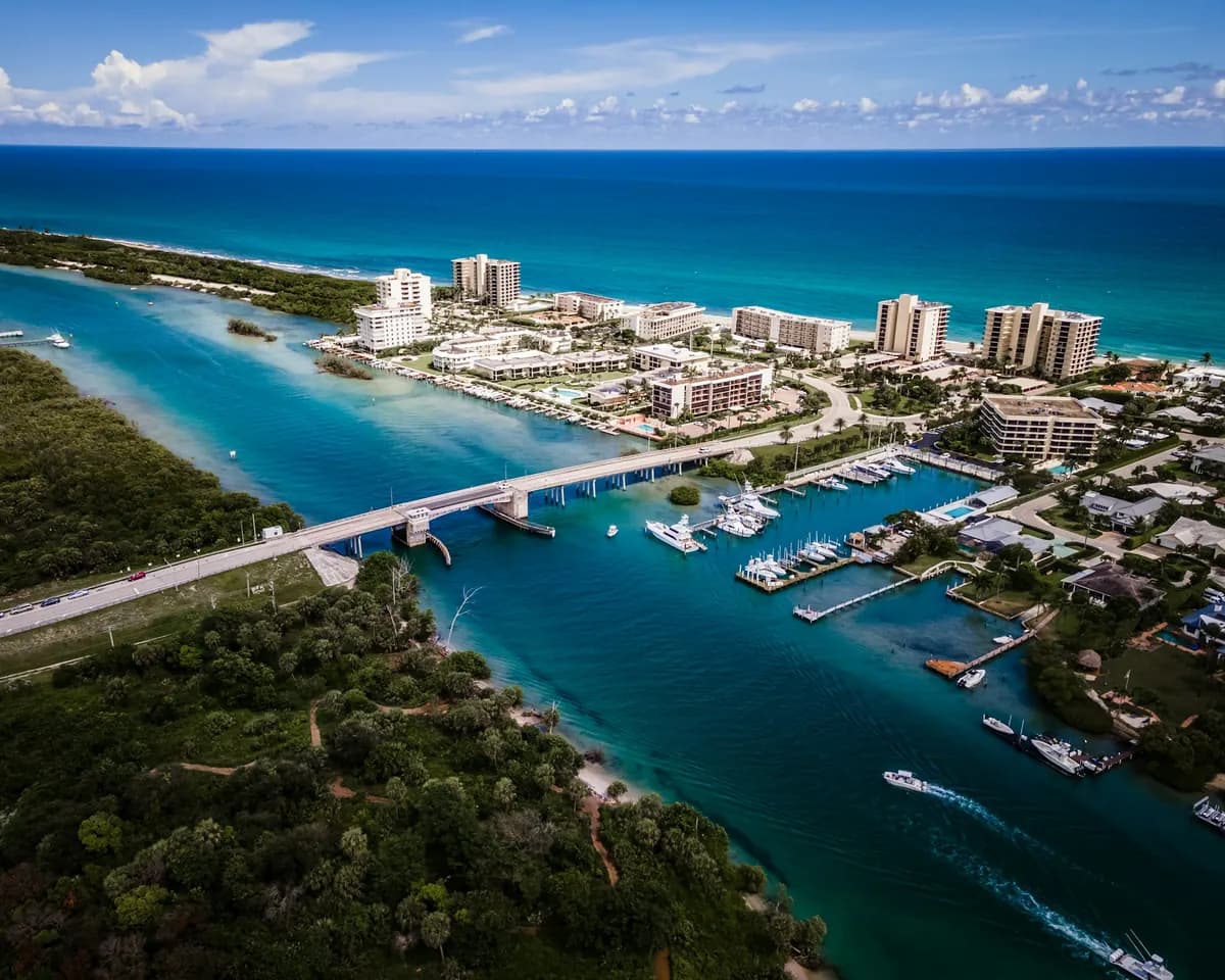Aerial view of island homes and waterways near the Jupiter Inlet, near Jupiter Inlet Colony