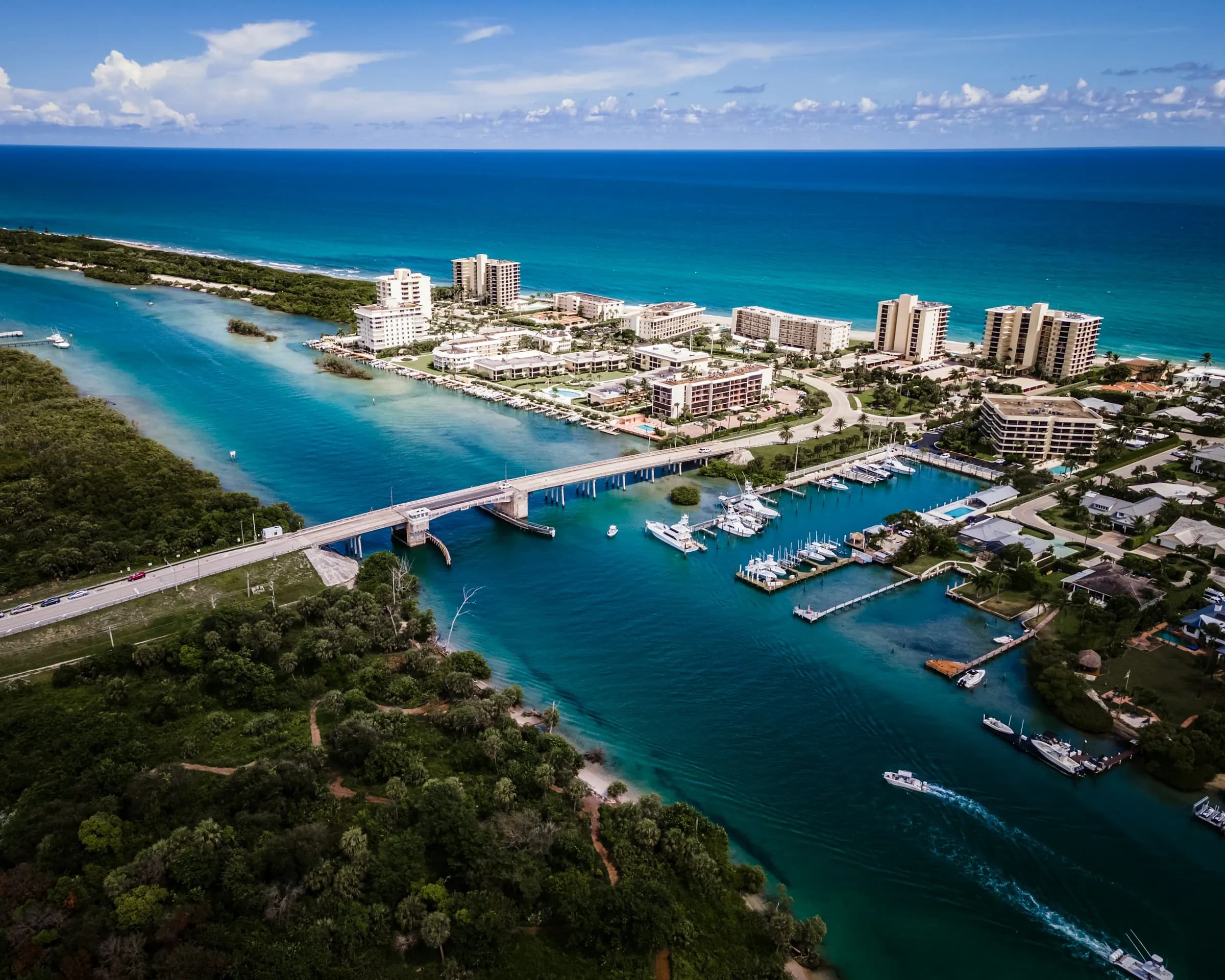 Aerial view of island homes and waterways near the Jupiter Inlet, near Jupiter Inlet Colony