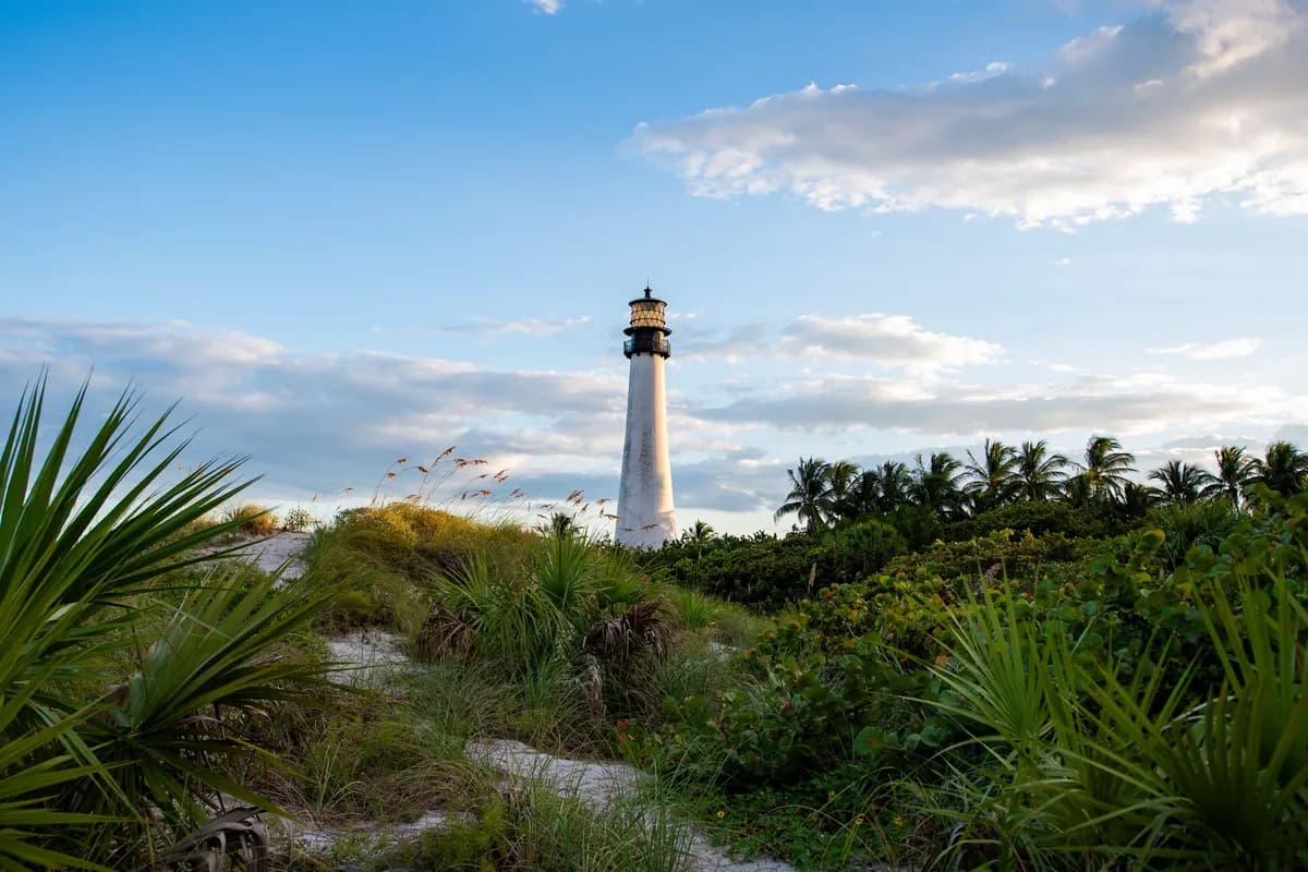 Cape Florida Lighthouse surrounded by greenery on Key Biscayne