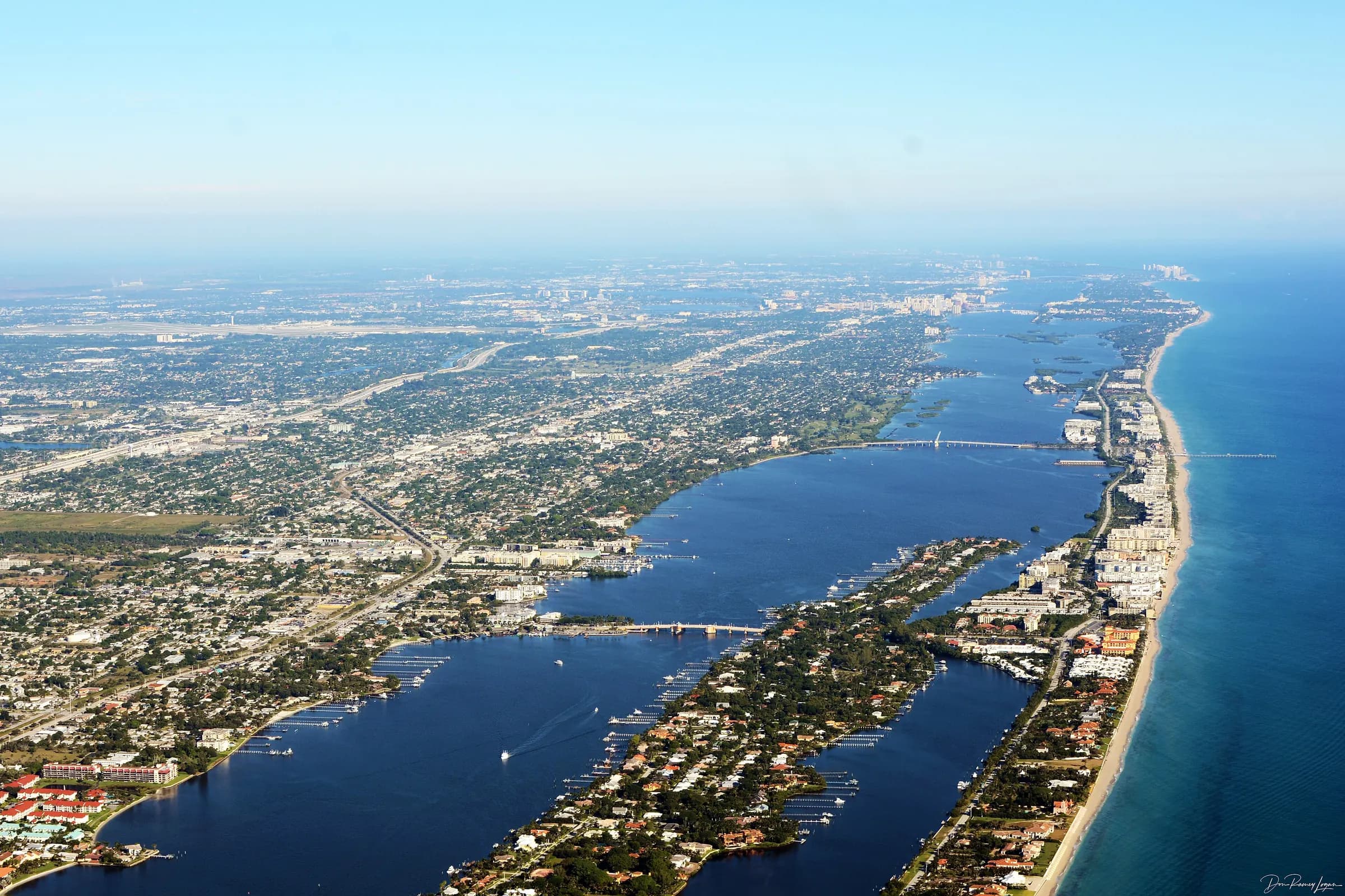 Aerial view of Lantana and South Palm Beach, Florida, between the Intracoastal and the ocean