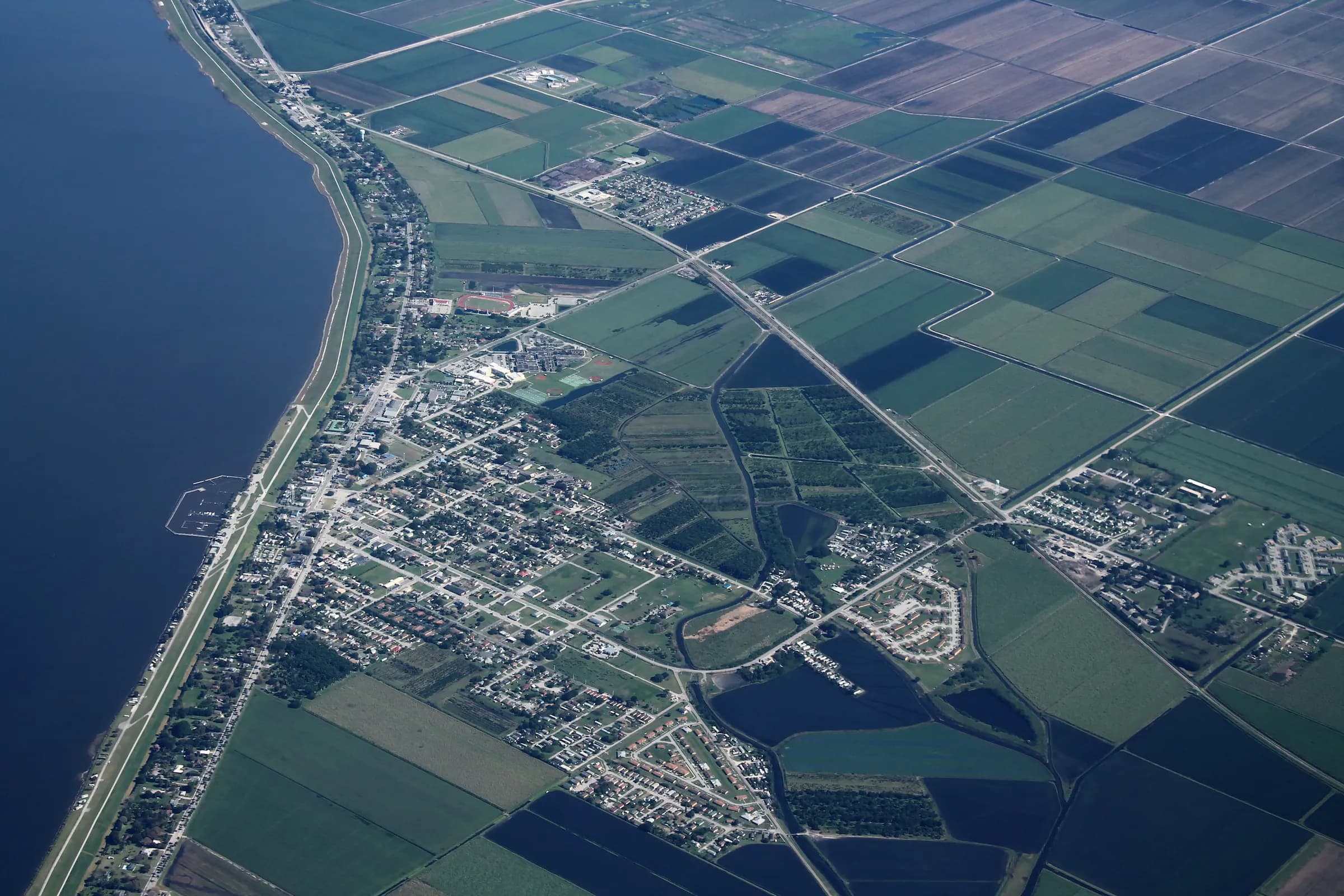 Aerial view of Pahokee, Florida, on the shore of Lake Okeechobee